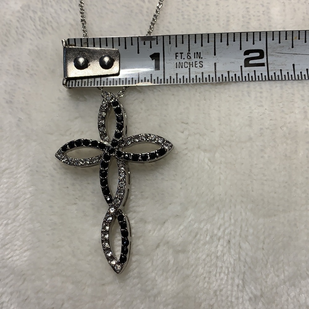 Beautiful silver tone necklace with black and clear stones on cross - Picture 7 of 16